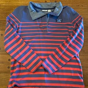 L.L. Bean Quarter Button Up Navy and Red Stripe, Size M